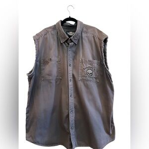 Harley-Davidson Skull Graphic Sleeveless Button Shirt 4XL Gray Biker Cut Off
